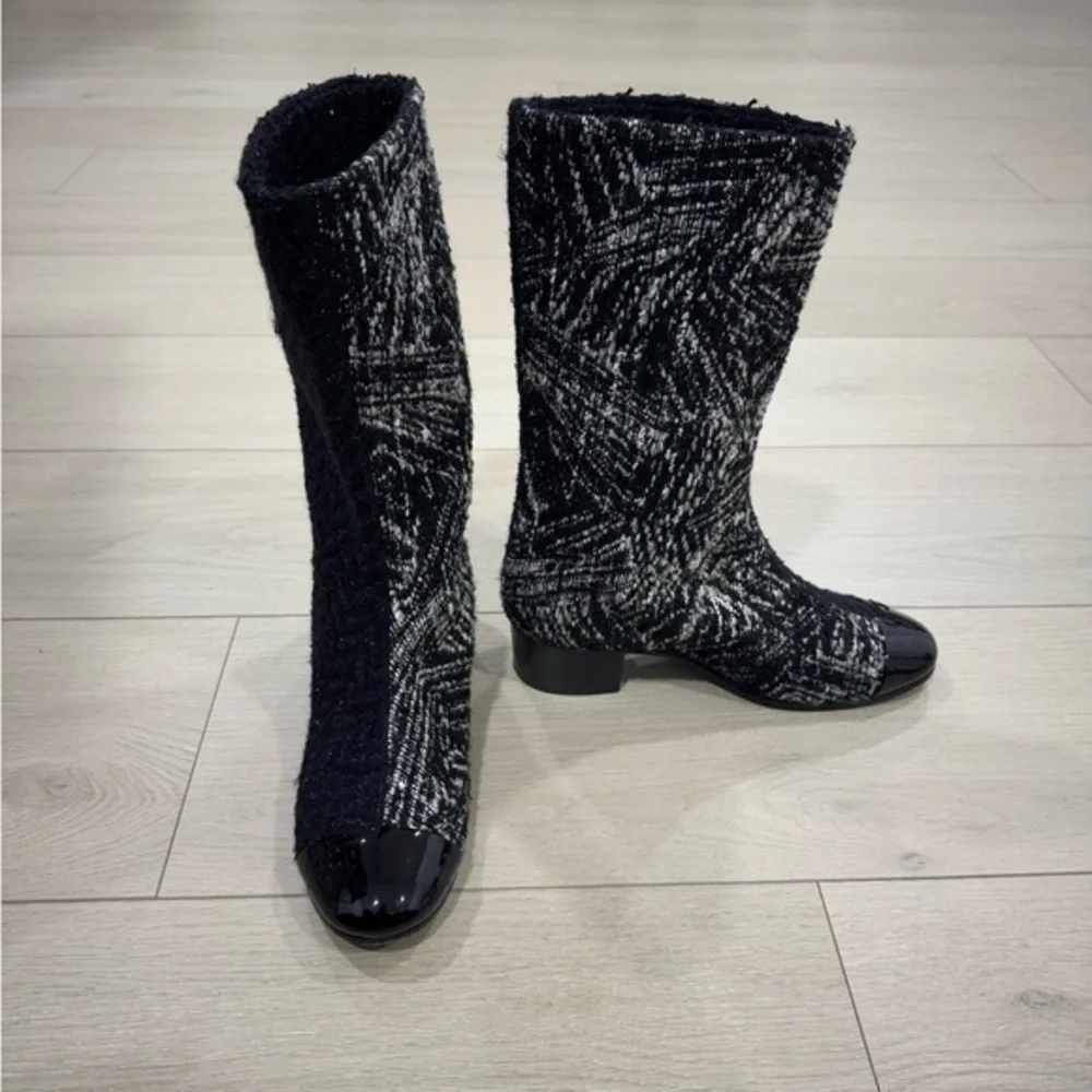 CHANEL Two Tone Tweed Boots 37.5
